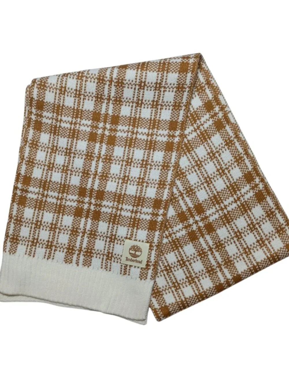 Timberland Plaid Scarf Neutral Brown / Cream Knit Soft Ribbed Edge Soft Warm